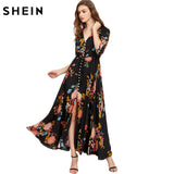 SHEIN Boho Style Long Dress Deep V Neck Three Quarter Length Sleeve Smocked Waist Tassel Tie Button Up Botanical Dress - Babybyrds