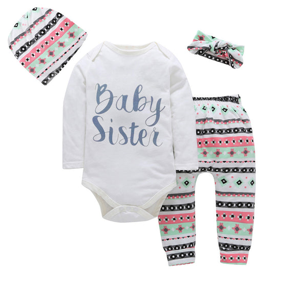 4PCS Newborn Baby Girl Clothes 2017 Autumn Long Sleeve Letter Print Romper Tops+Pant Hat Headband Outfit Toddler Kids Clothing - Babybyrds