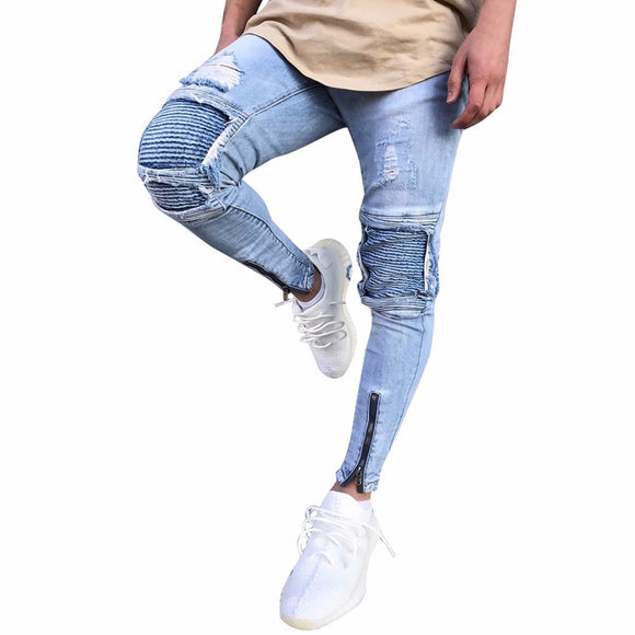 Mens Ripped Slim Fit Motorcycle Vintage Denim Jeans Hiphop Streetwear Pants - Babybyrds