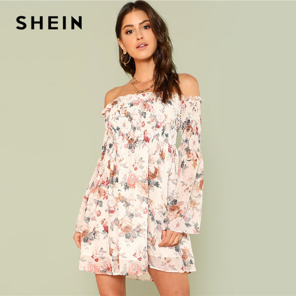 SHEIN Trumpet Sleeve Floral Smock Dress 2018 Summer Long Sleeve Off the Shoulder Dress Women Print A Line Beach Dress - Babybyrds