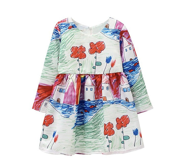 Autumn Winter Baby Girls Flower Houses Graffiti Printing Round Collar Long Sleeves Princess Dress With Zipper On The Back - Babybyrds