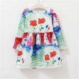 Autumn Winter Baby Girls Flower Houses Graffiti Printing Round Collar Long Sleeves Princess Dress With Zipper On The Back - Babybyrds