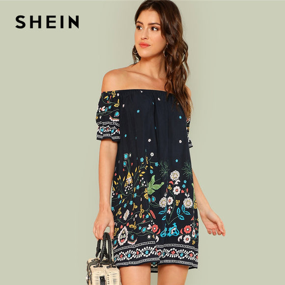 SHEIN Floral Beach Boho Bohemian Vacation Tribal Print Off the Shoulder Bardot Summer Half Sleeve Ruffle Dresses Women Dress - Babybyrds