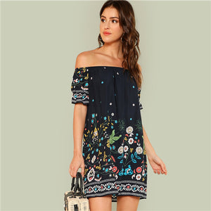 SHEIN Floral Beach Boho Bohemian Vacation Tribal Print Off the Shoulder Bardot Summer Half Sleeve Ruffle Dresses Women Dress - Babybyrds