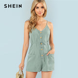 SHEIN Green Plain Sexy Spaghetti Strap V Neck Sleeveless Button Pocket Mid Waist Cami Romper Summer Women Casual Playsuits - Babybyrds