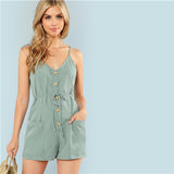 SHEIN Green Plain Sexy Spaghetti Strap V Neck Sleeveless Button Pocket Mid Waist Cami Romper Summer Women Casual Playsuits - Babybyrds