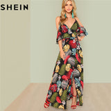 SHEIN Summer Boho Floral Print Sexy Deep V Neck Open Shoulder Maxi Dress Women Beach Vacation High Waist Surplice Wrap Dresses - Babybyrds