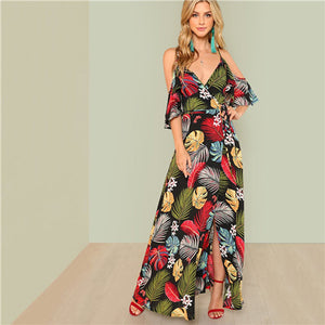 SHEIN Summer Boho Floral Print Sexy Deep V Neck Open Shoulder Maxi Dress Women Beach Vacation High Waist Surplice Wrap Dresses - Babybyrds