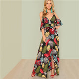 SHEIN Summer Boho Floral Print Sexy Deep V Neck Open Shoulder Maxi Dress Women Beach Vacation High Waist Surplice Wrap Dresses - Babybyrds