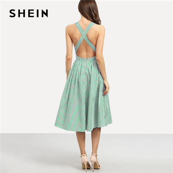 SHEIN Green Vacation Bohemian Beach Backless Criss Cross Open Back Striped Straps High Waist Dress Summer Women Casual Dresses - Babybyrds