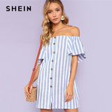 SHEIN Multicolor Vacation Boho Bohemian Beach Striped Off Shoulder Button Up Short Sleeve Tunic Dress Summer Women Casual Dress - Babybyrds