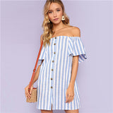 SHEIN Multicolor Vacation Boho Bohemian Beach Striped Off Shoulder Button Up Short Sleeve Tunic Dress Summer Women Casual Dress - Babybyrds